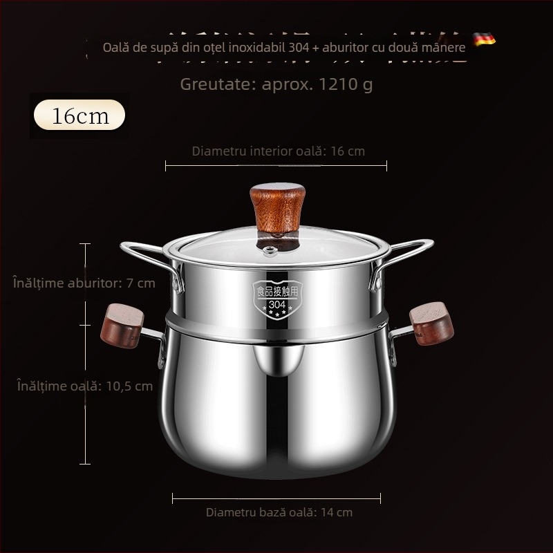 Oală pentru supă din oțel inoxidabil 304, cu mânere din lemn de nuc, design cu două mânere, aburitor pentru bucătărie, neacoperită, pentru hrana bebelușilor.