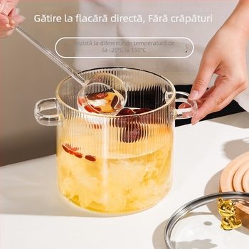 Oală de supă din sticlă borosilicat cu mâner dublu, transparentă, 1,1–2 L, rezistentă la temperaturi, pentru aragaz, potrivită pentru tăiței, supe și tocană cu lapte