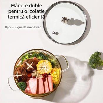 Oală de supă din sticlă borosilicat cu mâner dublu, transparentă, 1,1–2 L, rezistentă la temperaturi, pentru aragaz, potrivită pentru tăiței, supe și tocană cu lapte