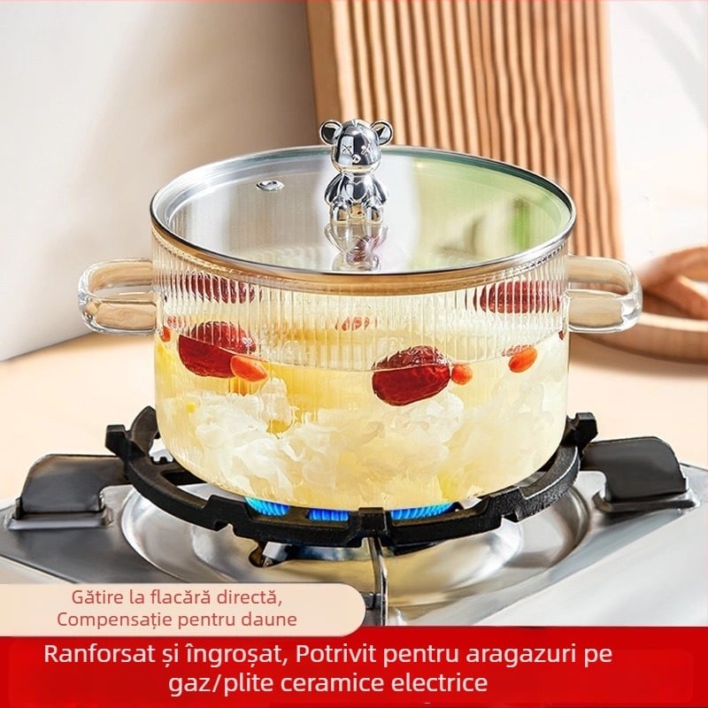 Oală de supă din sticlă borosilicat cu mâner dublu, transparentă, 1,1–2 L, rezistentă la temperaturi, pentru aragaz, potrivită pentru tăiței, supe și tocană cu lapte