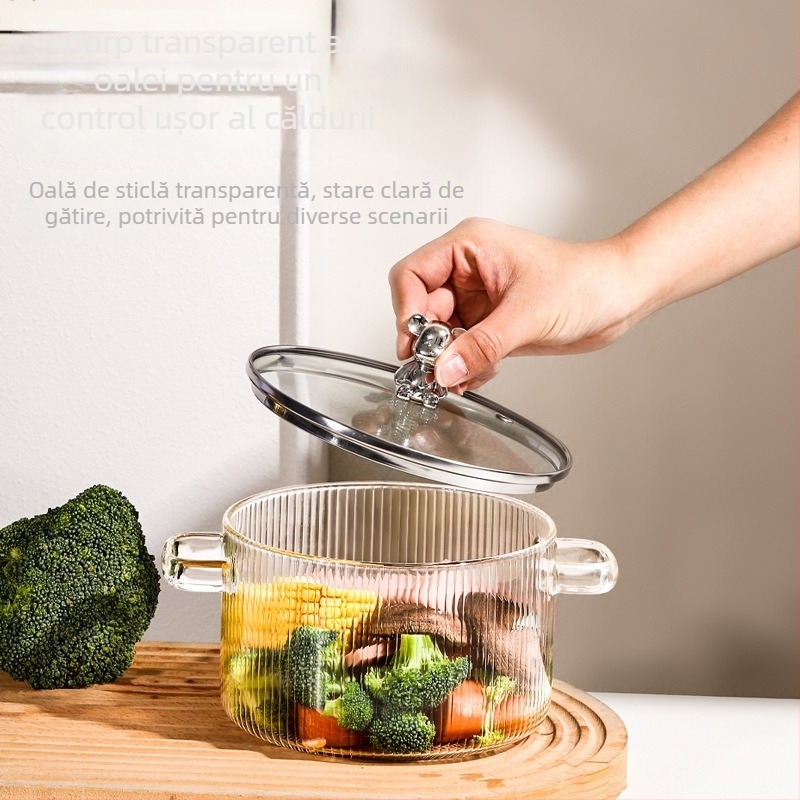 Oală de supă din sticlă borosilicat cu mâner dublu, transparentă, 1,1–2 L, rezistentă la temperaturi, pentru aragaz, potrivită pentru tăiței, supe și tocană cu lapte