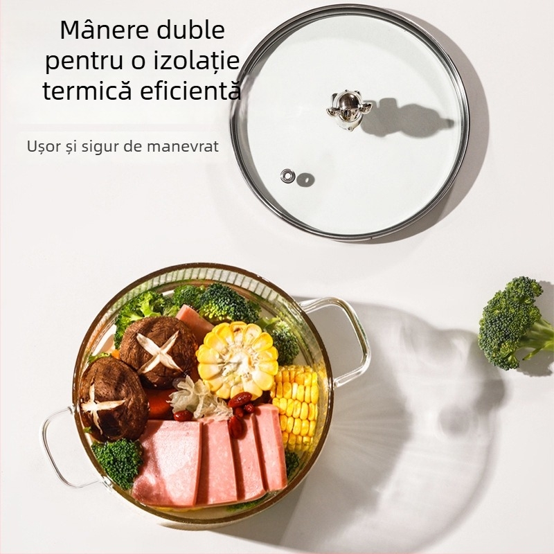 Oală de supă din sticlă borosilicat cu mâner dublu, transparentă, 1,1–2 L, rezistentă la temperaturi, pentru aragaz, potrivită pentru tăiței, supe și tocană cu lapte