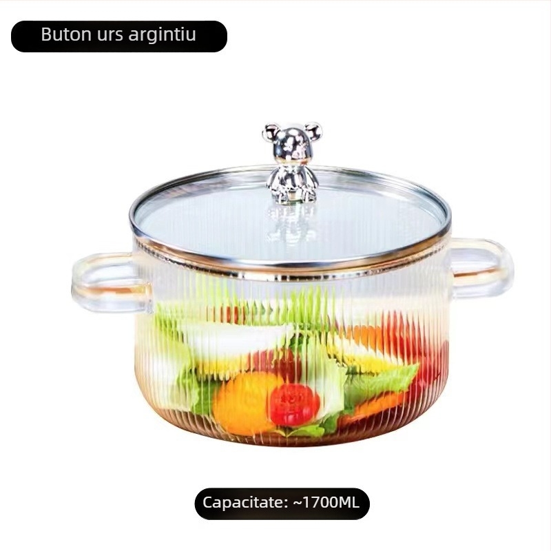 Oală de supă din sticlă borosilicat cu mâner dublu, transparentă, 1,1–2 L, rezistentă la temperaturi, pentru aragaz, potrivită pentru tăiței, supe și tocană cu lapte