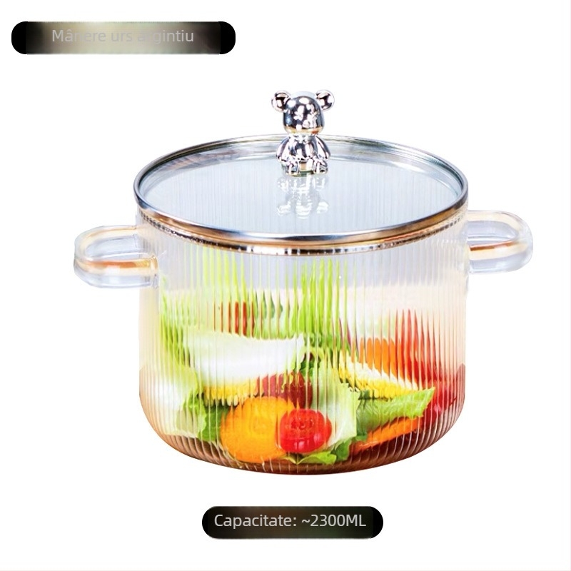 Oală de supă din sticlă borosilicat cu mâner dublu, transparentă, 1,1–2 L, rezistentă la temperaturi, pentru aragaz, potrivită pentru tăiței, supe și tocană cu lapte