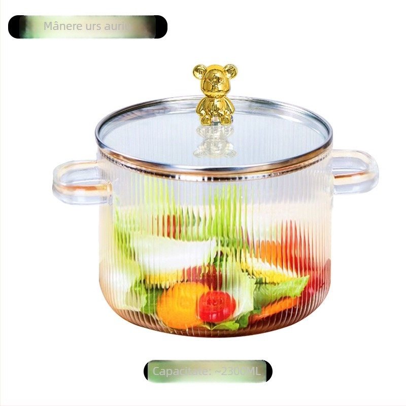 Oală de supă din sticlă borosilicat cu mâner dublu, transparentă, 1,1–2 L, rezistentă la temperaturi, pentru aragaz, potrivită pentru tăiței, supe și tocană cu lapte