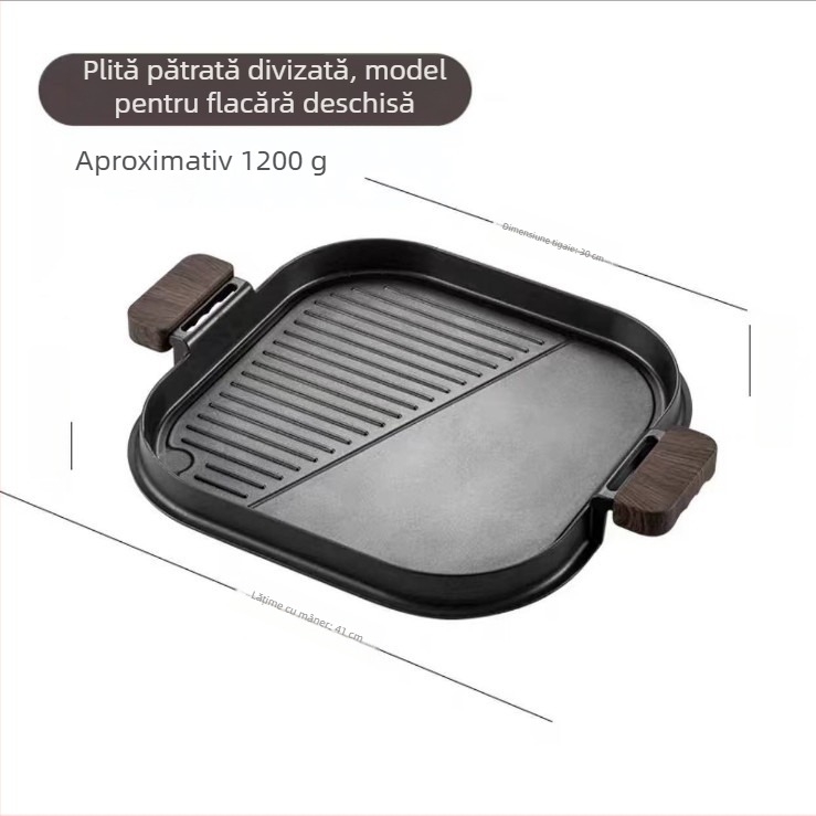 Tigaie grill cu piatră Maifan, antiaderentă, fund plat, pentru camping în aer liber și aragaz pe gaz
