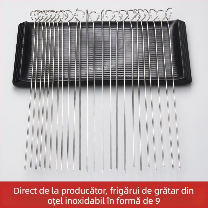 Frigărui din oțel inox solid, în formă de nouă, secțiune circulară, cârlig de agățat și vârf cu formă de coadă de gâscă