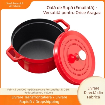 Oală roșie emailată pentru supă, cu două mâneri, antiaderentă, îngroșată, oală pentru ciorbă/tocăniță, compatibilă cu plita cu inducție și gaz.