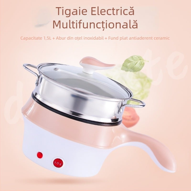 Fierbător electric mini cu vas interior antiaderent, 1–2 L, 800 W, abur, prăjire, fierbere, hot pot, teppanyaki