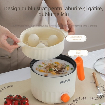 Meianli MAL-01 Oală electrică mini 2L pentru cămin și casă, vas ceramic interior, control mecanic, două straturi, abur rapid, grătar și Shabu-Shabu