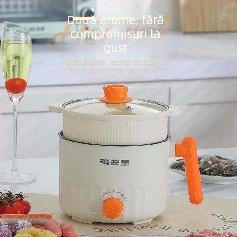 Meianli MAL-01 Oală electrică mini 2L pentru cămin și casă, vas ceramic interior, control mecanic, două straturi, abur rapid, grătar și Shabu-Shabu