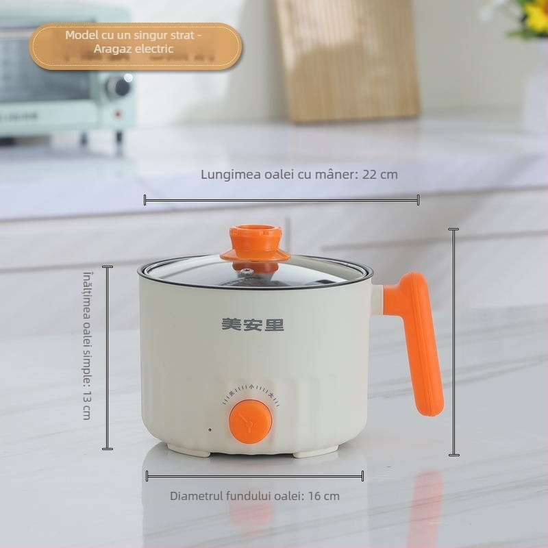 Meianli MAL-01 Oală electrică mini 2L pentru cămin și casă, vas ceramic interior, control mecanic, două straturi, abur rapid, grătar și Shabu-Shabu