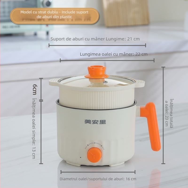 Meianli MAL-01 Oală electrică mini 2L pentru cămin și casă, vas ceramic interior, control mecanic, două straturi, abur rapid, grătar și Shabu-Shabu