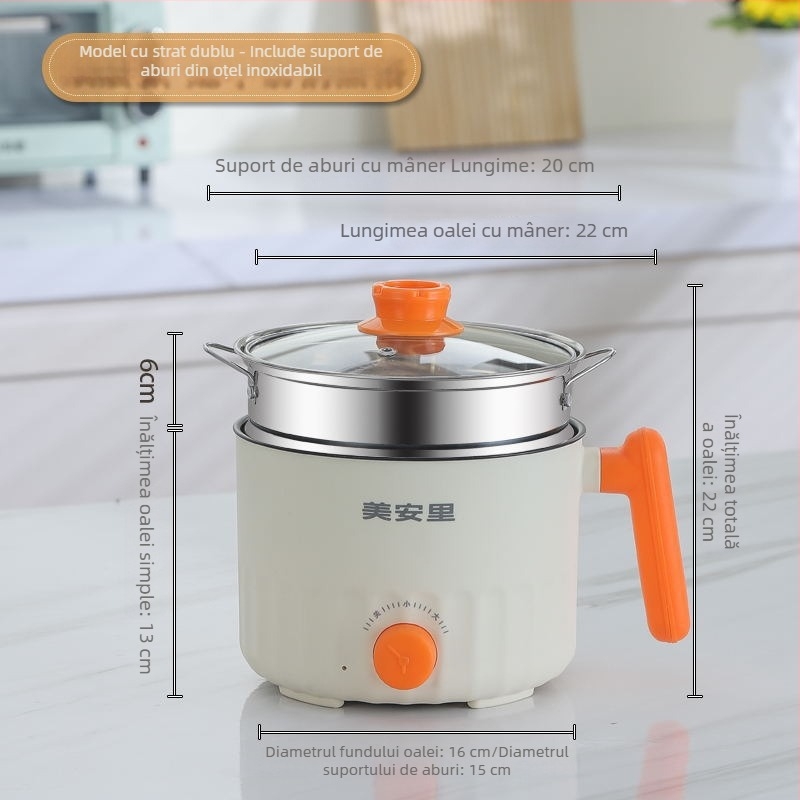 Meianli MAL-01 Oală electrică mini 2L pentru cămin și casă, vas ceramic interior, control mecanic, două straturi, abur rapid, grătar și Shabu-Shabu