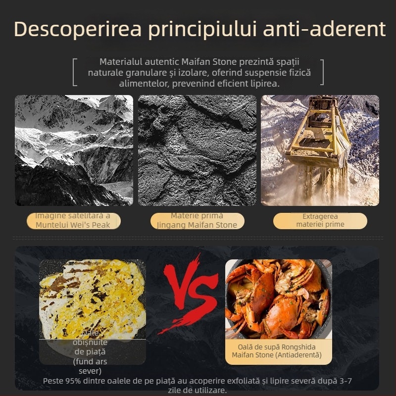 Oală de supă din piatră Maifan, cu două mânere, antiaderentă, capac din sticlă, potrivită pentru toate plitele, cu funcție de abur