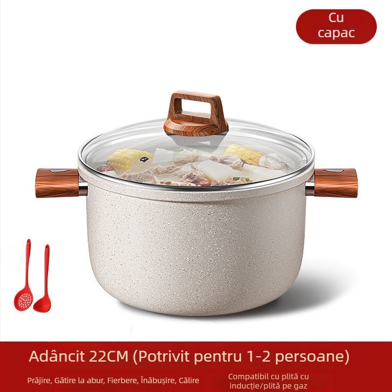 Oală de supă din piatră Maifan, cu două mânere, antiaderentă, capac din sticlă, potrivită pentru toate plitele, cu funcție de abur