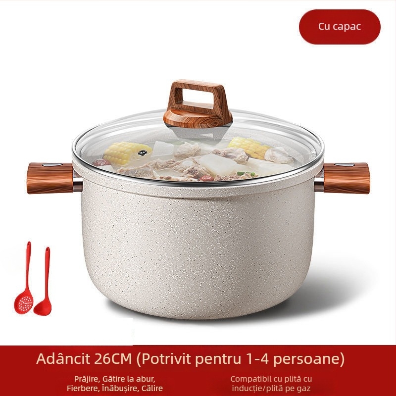 Oală de supă din piatră Maifan, cu două mânere, antiaderentă, capac din sticlă, potrivită pentru toate plitele, cu funcție de abur
