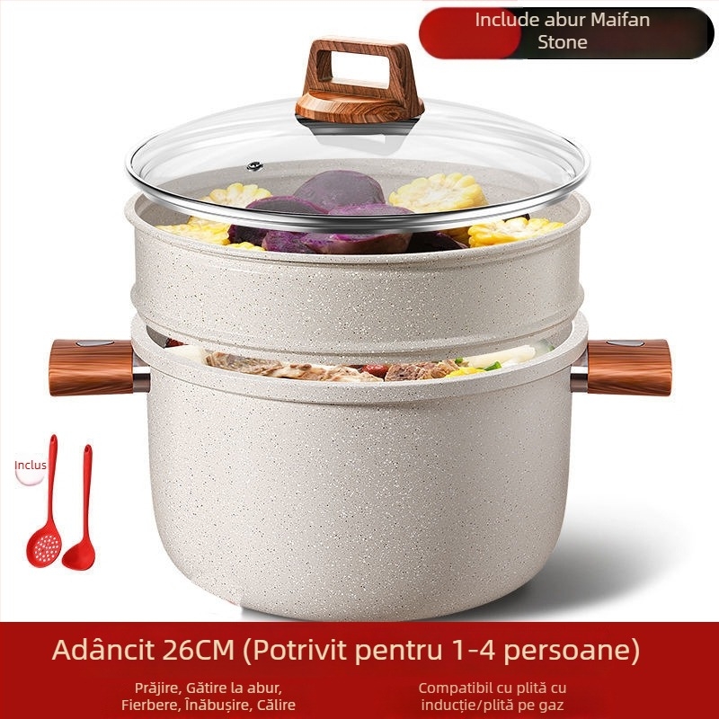 Oală de supă din piatră Maifan, cu două mânere, antiaderentă, capac din sticlă, potrivită pentru toate plitele, cu funcție de abur
