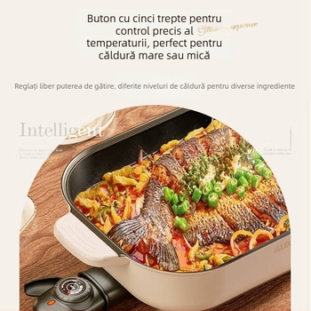 Oală electrică multifuncțională, 1500W+, 6L, pentru hot pot și grătar de pește, gătit la aburi, prăjire, fierbere, înăbușire