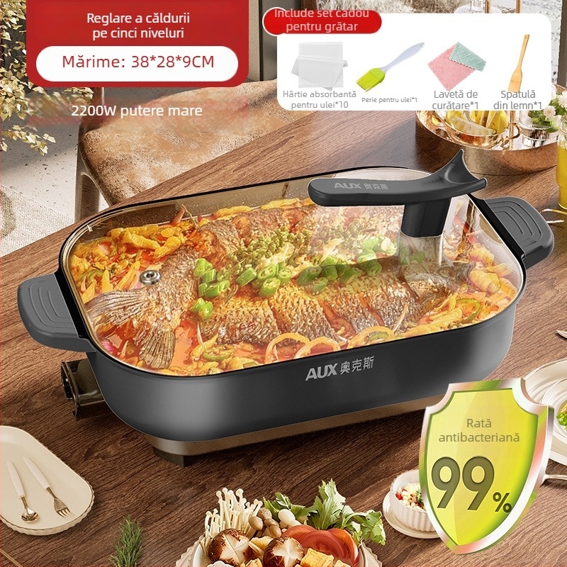 Oală electrică multifuncțională, 1500W+, 6L, pentru hot pot și grătar de pește, gătit la aburi, prăjire, fierbere, înăbușire
