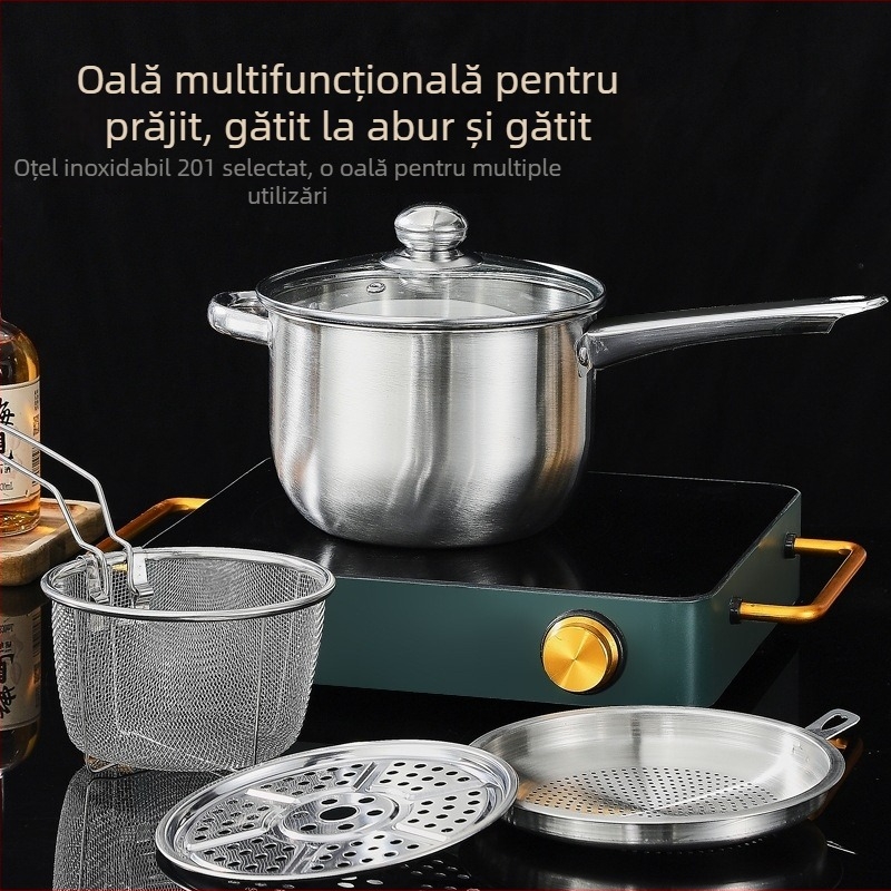 Oală din oțel inoxidabil pentru prăjit și gătit la abur, cu filtru și grătar de abur, pentru plite cu inducție