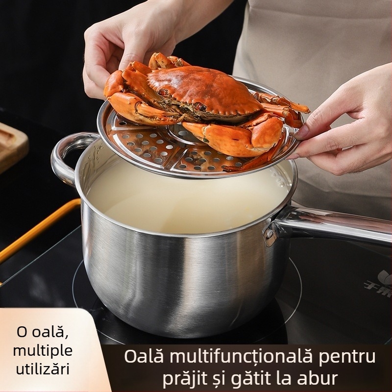 Oală din oțel inoxidabil pentru prăjit și gătit la abur, cu filtru și grătar de abur, pentru plite cu inducție