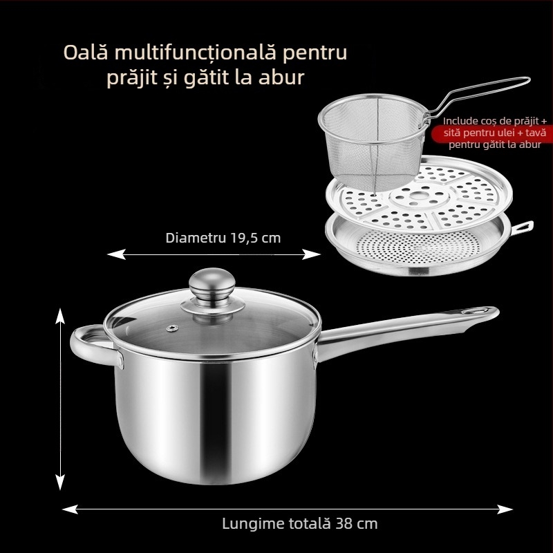Oală din oțel inoxidabil pentru prăjit și gătit la abur, cu filtru și grătar de abur, pentru plite cu inducție