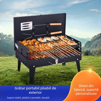 Grill pliabil pentru exterior, fără fum, cu unelte încorporate, portabil, din fier