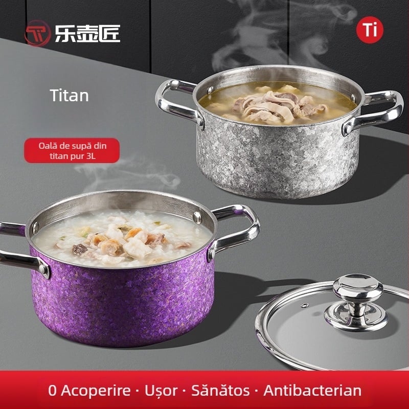 Oală de supă din titan pur, cu două mâneri, netratată, cu bază întărită, capacitate mare, pentru aragaz