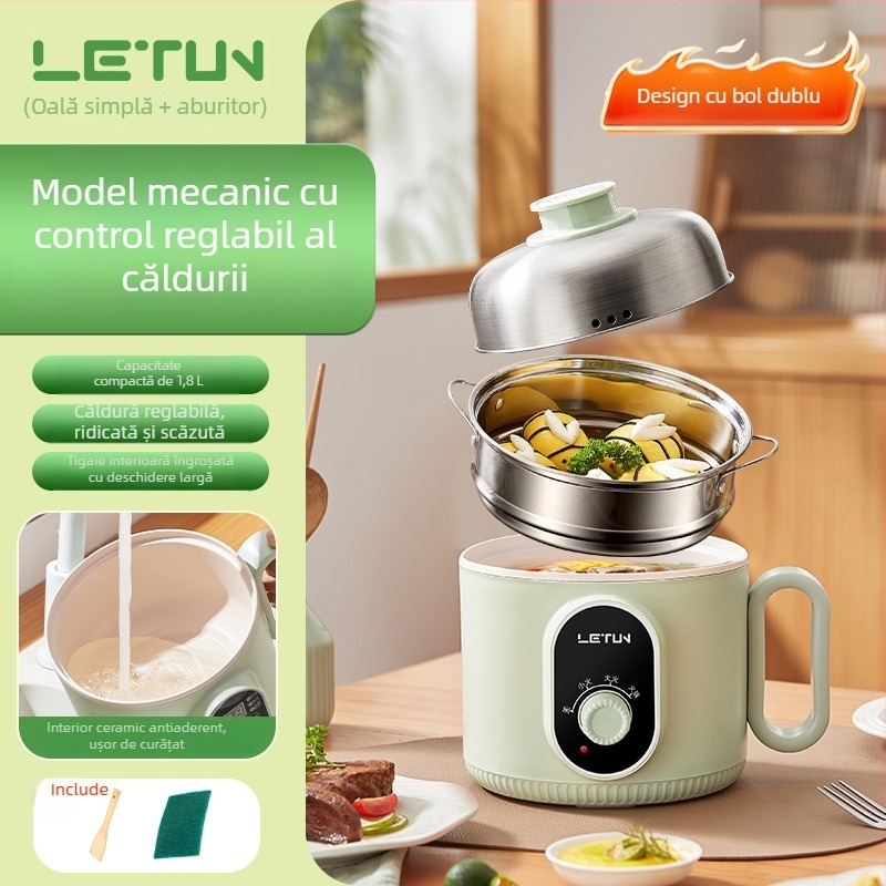 Oală electrică pentru o persoană, compactă pentru cămin studențesc, pentru 1-2 persoane, multifuncțională, cu vas interior din oțel inoxidabil, aburire și grătar, model C400, 220V