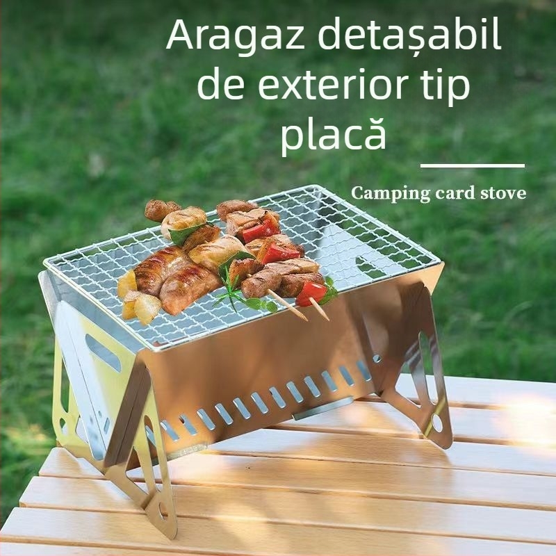Aragaz pliabil tip card pentru camping, pentru ceai și grătar — grill mini portabil din oțel inoxidabil, ardere pe lemn