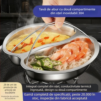Tavă de aburi din oțel inoxidabil 304, stil Yin-Yang, cu compartimente separate, potrivită pentru mâncare pentru bebeluși și gătit cu aburi orez