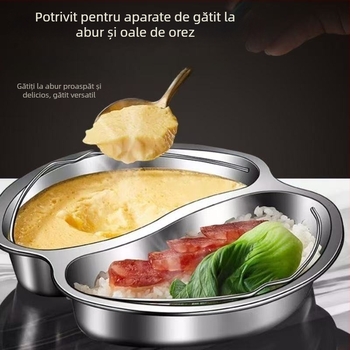 Tavă de aburi din oțel inoxidabil 304, stil Yin-Yang, cu compartimente separate, potrivită pentru mâncare pentru bebeluși și gătit cu aburi orez