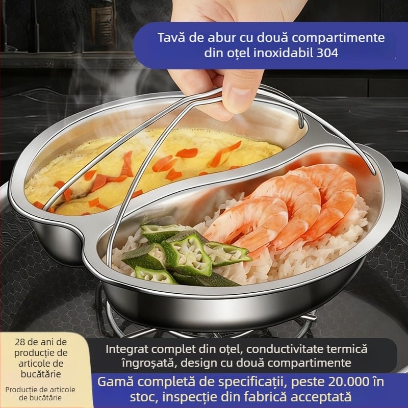 Tavă de aburi din oțel inoxidabil 304, stil Yin-Yang, cu compartimente separate, potrivită pentru mâncare pentru bebeluși și gătit cu aburi orez