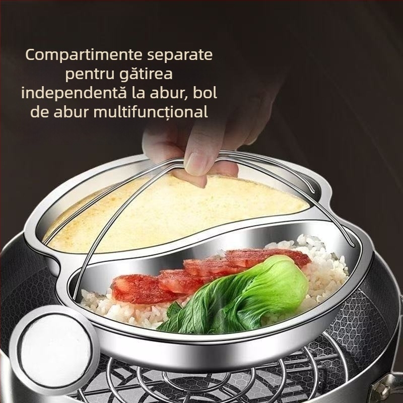 Tavă de aburi din oțel inoxidabil 304, stil Yin-Yang, cu compartimente separate, potrivită pentru mâncare pentru bebeluși și gătit cu aburi orez
