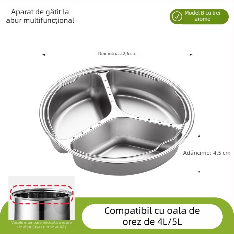 Tavă de aburi din oțel inoxidabil 304, stil Yin-Yang, cu compartimente separate, potrivită pentru mâncare pentru bebeluși și gătit cu aburi orez