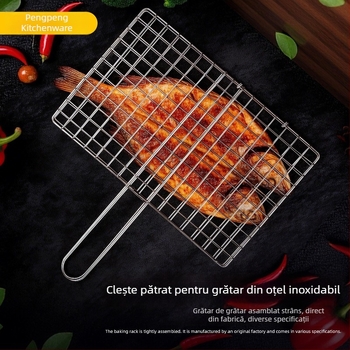 Plasă de grătar din oțel inoxidabil pentru legume și pește, cu clemă de prindere și paletă de grătar – unelte pentru exterior
