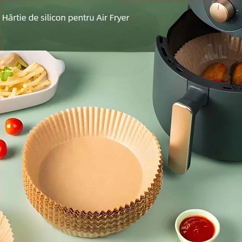 Hartie de copt pentru air fryer cu strat din silicon, anti-ulei, de calitate alimentară, rezistentă la temperaturi înalte