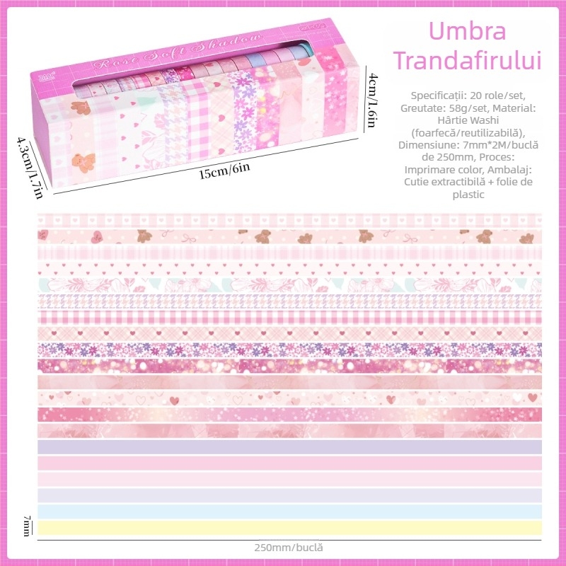 20 role ambalate – Bandă Washi din seria Lumină și Umbra, hârtie japoneză, lățime 7 mm, lungime 2 m, material decorativ pentru scrapbooking