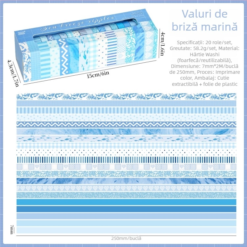 20 role ambalate – Bandă Washi din seria Lumină și Umbra, hârtie japoneză, lățime 7 mm, lungime 2 m, material decorativ pentru scrapbooking