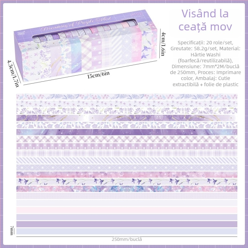 20 role ambalate – Bandă Washi din seria Lumină și Umbra, hârtie japoneză, lățime 7 mm, lungime 2 m, material decorativ pentru scrapbooking