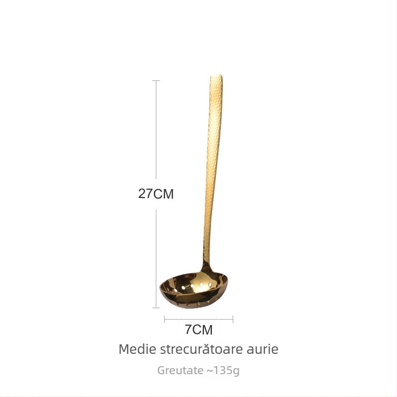 304 oțel inoxidabil, grosime dublă, textură ciocănită, lingură de supă cu mâner lung pentru oală fierbinte – pentru găluște și terci, auriu