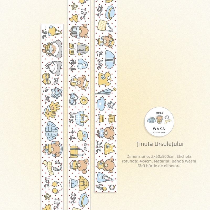 Waka Waka Jurnal cu Bandă Washi, Ursuleț, Autocolante decorative drăguțe în stil japonez pentru colaje