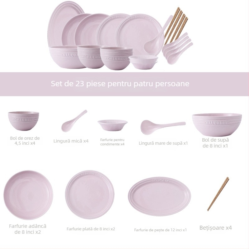 Set de veselă cu relief în stil englezesc – farfurii și boluri de porțelan Night Sakura roz, boluri de orez și supă, 11 piese, stil Nordic