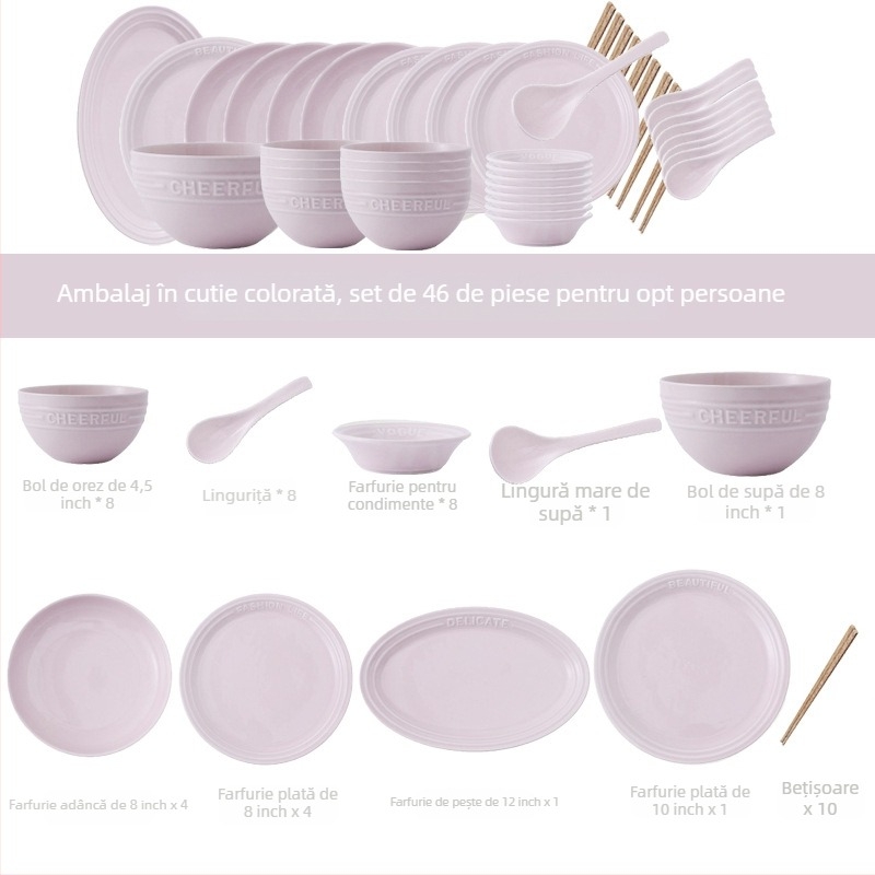 Set de veselă cu relief în stil englezesc – farfurii și boluri de porțelan Night Sakura roz, boluri de orez și supă, 11 piese, stil Nordic