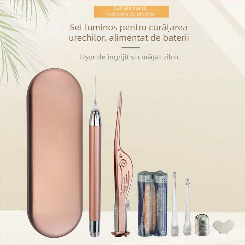 Kit iluminat pentru curățarea urechilor, cu cupă vizuală, pentru bebeluși și copii, include pense pentru cerumen și mucus nazal