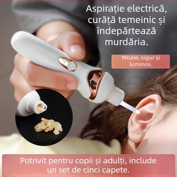 Lingură electrică pentru urechi cu aspirație pentru cerumen, curățare delicată, luminoasă, pentru copii, cu cataramă de siguranță