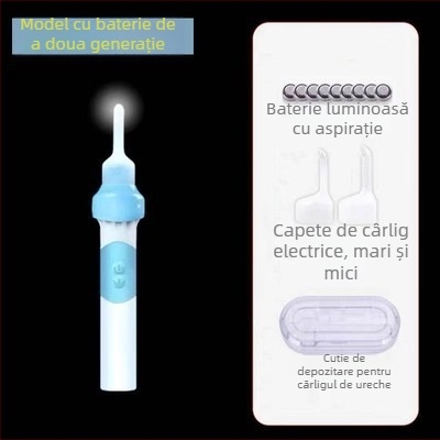 Lingură electrică pentru urechi cu aspirație pentru cerumen, curățare delicată, luminoasă, pentru copii, cu cataramă de siguranță