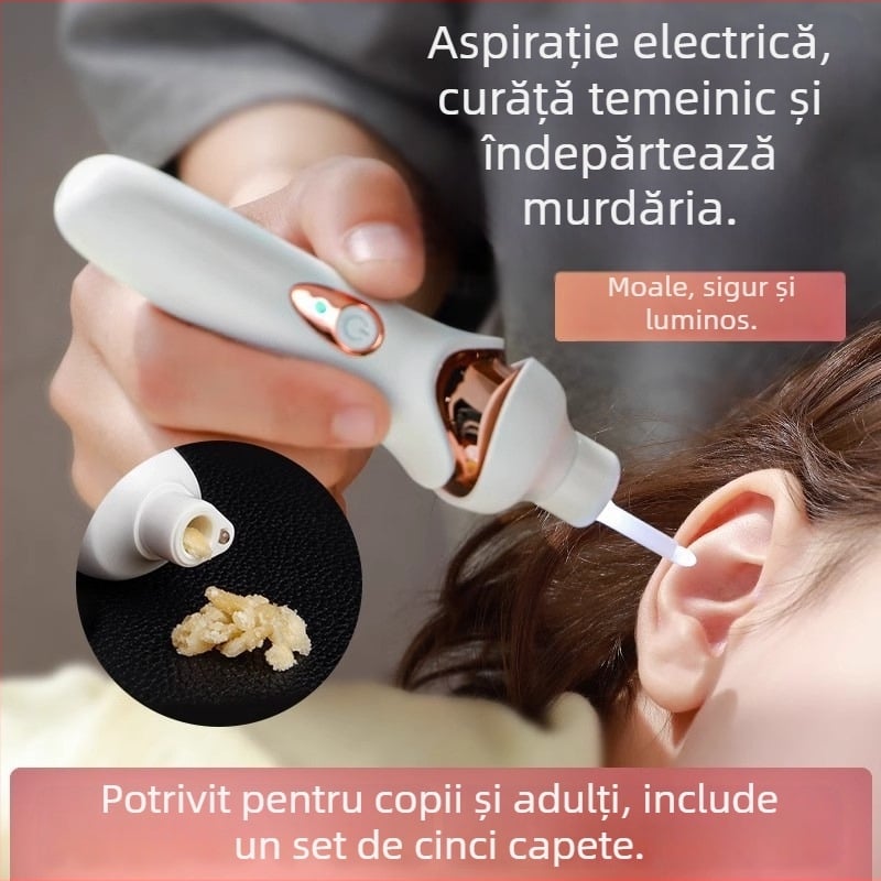 Lingură electrică pentru urechi cu aspirație pentru cerumen, curățare delicată, luminoasă, pentru copii, cu cataramă de siguranță