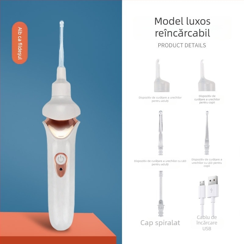 Lingură electrică pentru urechi cu aspirație pentru cerumen, curățare delicată, luminoasă, pentru copii, cu cataramă de siguranță